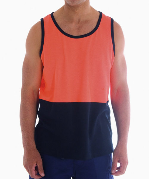 Model wears singlet in orange/navy