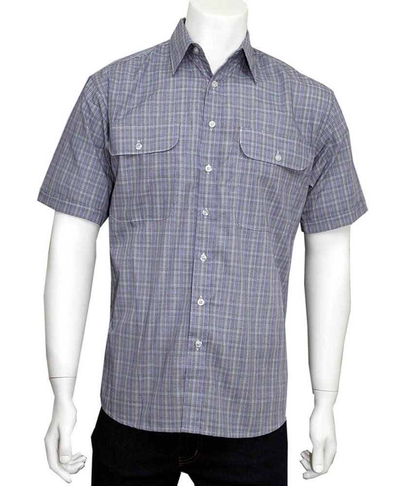BISLEY MENS CASUAL SMALL CHECK NAVY SHIRT SHORT SLEEVE