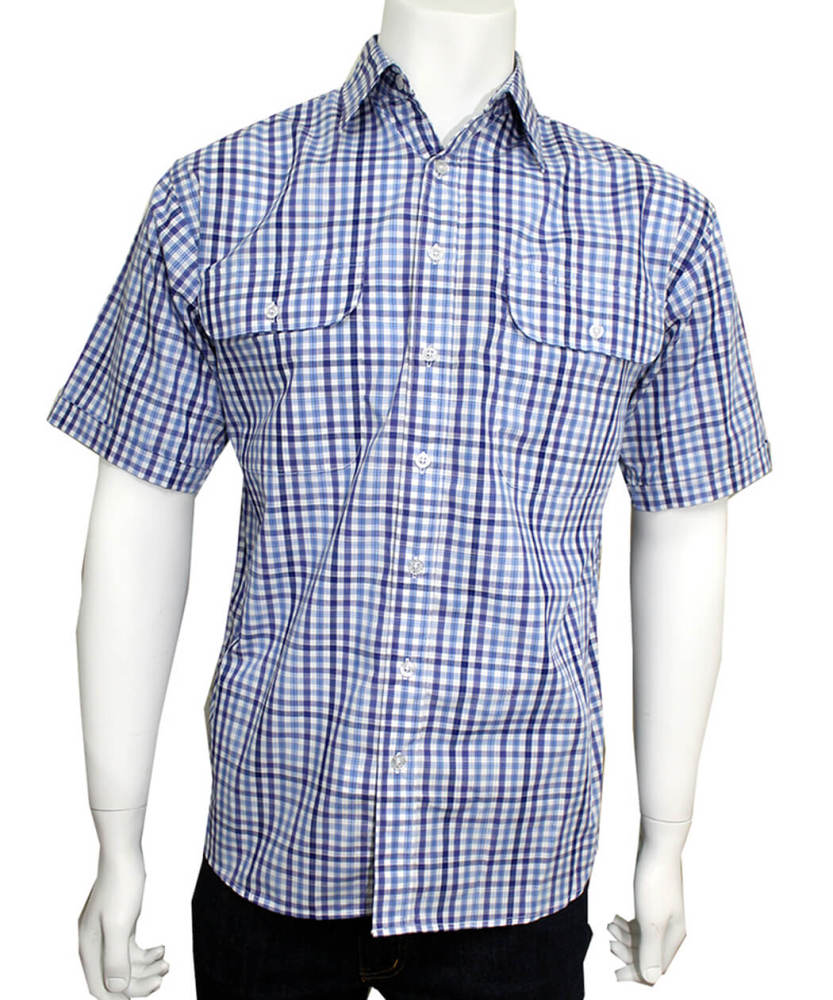 BISLEY MENS CASUAL SMALL CHECK BLUE SHIRT SHORT SLEEVE