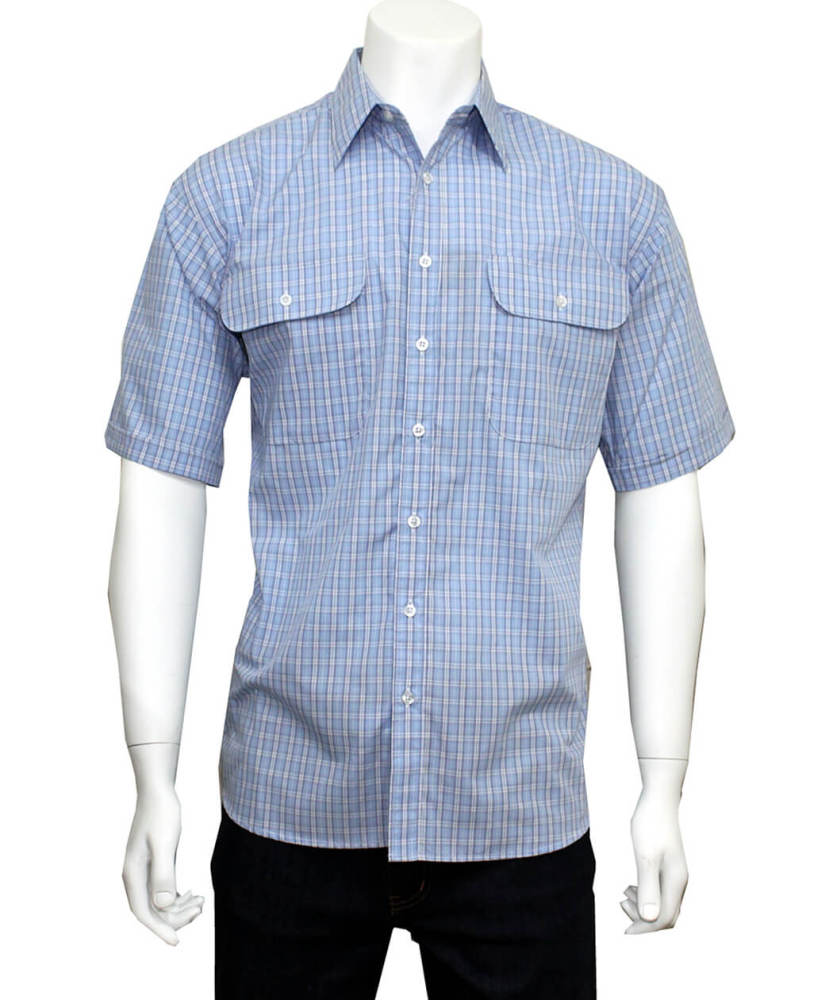 BISLEY MENS CASUAL SMALL CHECK LIGHT BLUE SHIRT SHORT SLEEVE